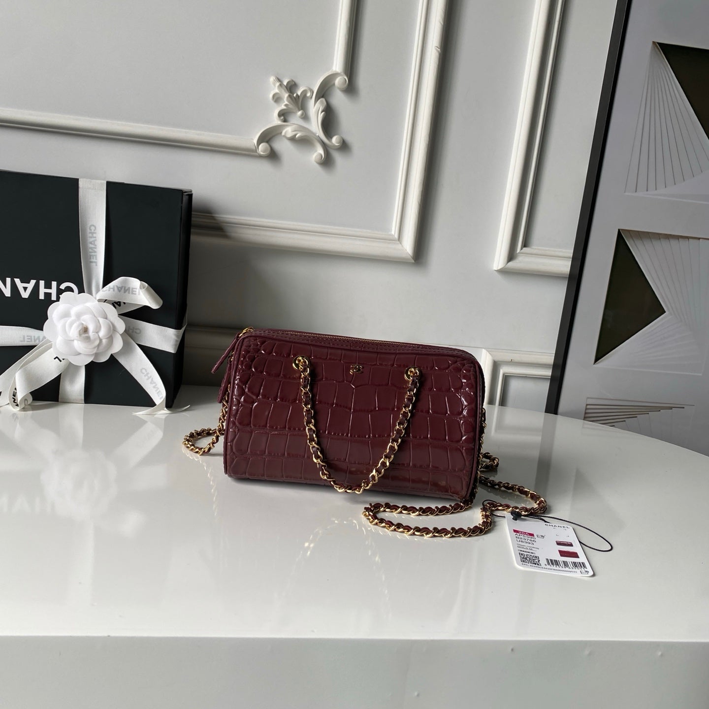 CHANEL 26S MINI TIMELESS CLASSIC BARREL BAG 19 IN BURGUNDY RED CROCODILE-EMBOSSED PATENT CALFSKIN GOLD HARDWARE