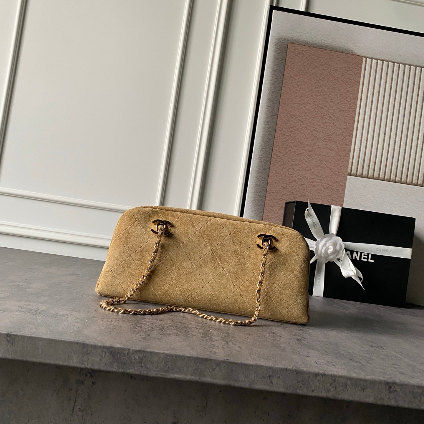 CHANEL 26S CHAIN CLUTCH BAG 32 IN TAN BROWN QUILTED SUEDE GOLD HARDWARE