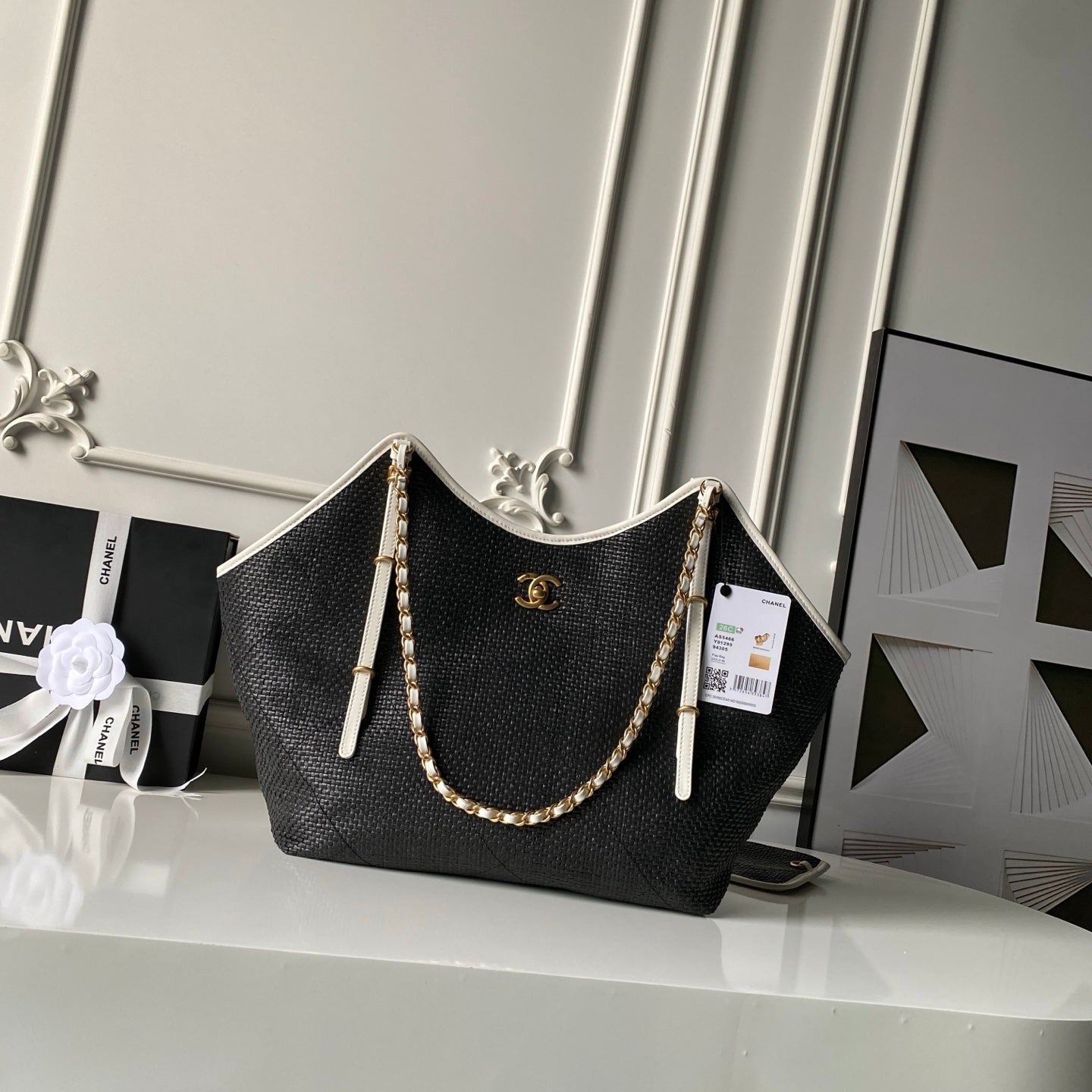CHANEL 26S MAXI SHOPPING BAG 47 IN BLACK RAFFIA GOLD HARDWARE