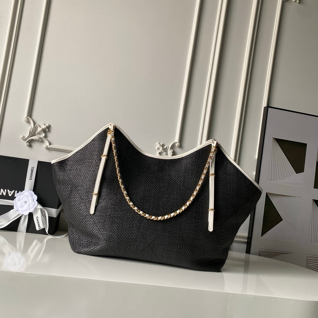 CHANEL 26S MAXI SHOPPING BAG 59 IN BLACK RAFFIA GOLD HARDWARE