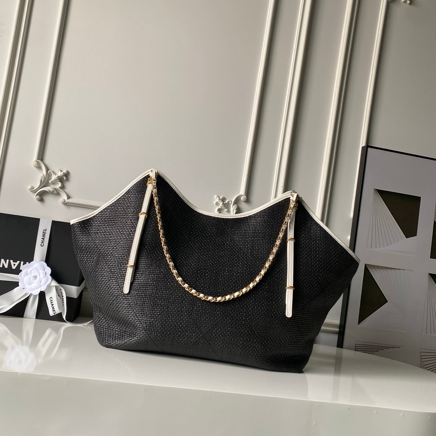 CHANEL 26S MAXI SHOPPING BAG 59 IN BLACK RAFFIA GOLD HARDWARE
