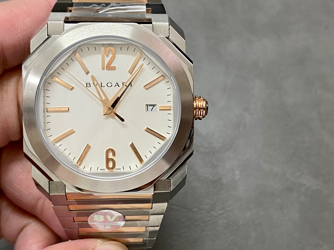 OCTO 41 AUTOMATIC ROSE GOLD AND STEEL WHITE DIAL