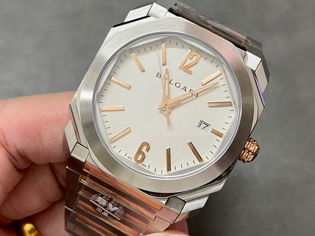 OCTO 41 AUTOMATIC ROSE GOLD AND STEEL WHITE DIAL
