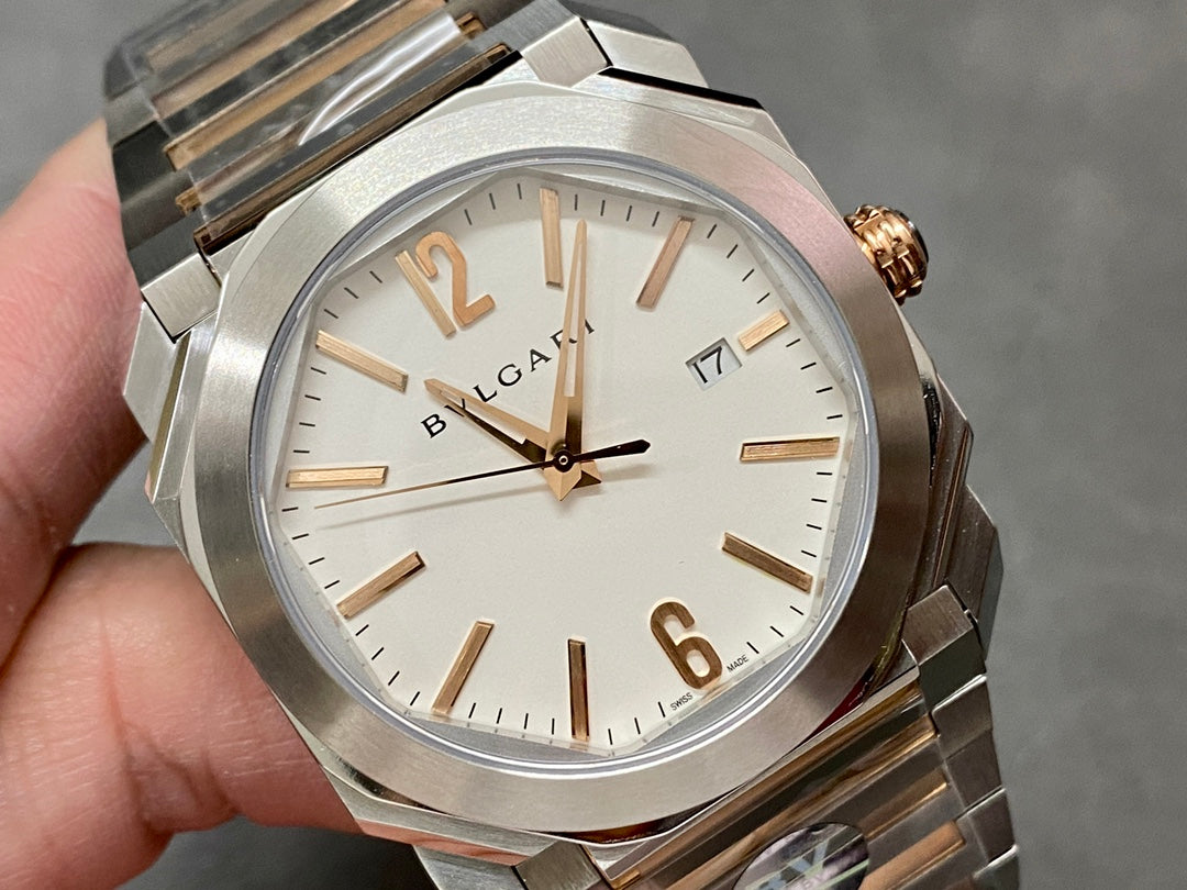 OCTO 41 AUTOMATIC ROSE GOLD AND STEEL WHITE DIAL