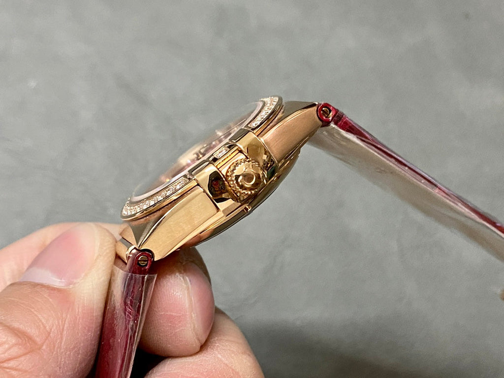 CONSTELLATION 34 MM WATCH ROSE GOLD CASE WITH WINE RED LEATHER STRAP