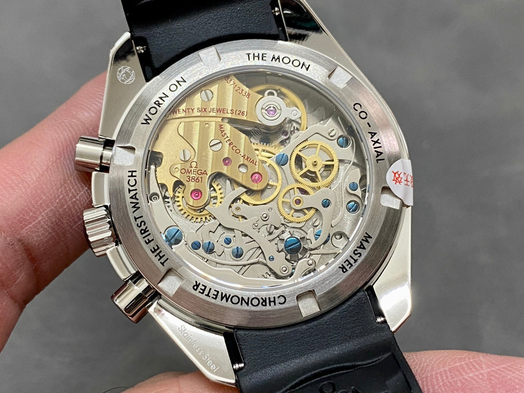 SPEEDMASTER MOONPHASE SILVER CASE AND BLACK LEATHER STRAP