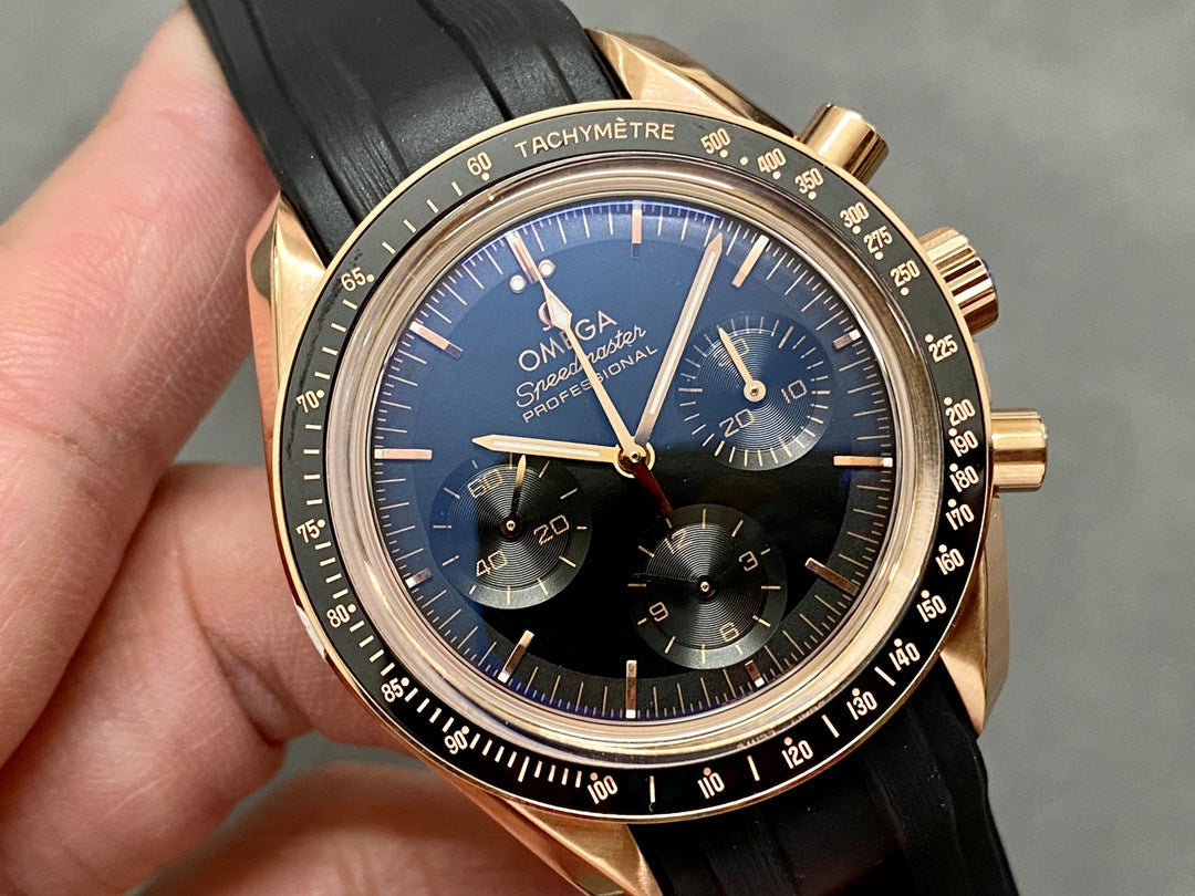 SPEEDMASTER MOONPHASE ROSE GOLD CASE AND BLACK LEATHER STRAP