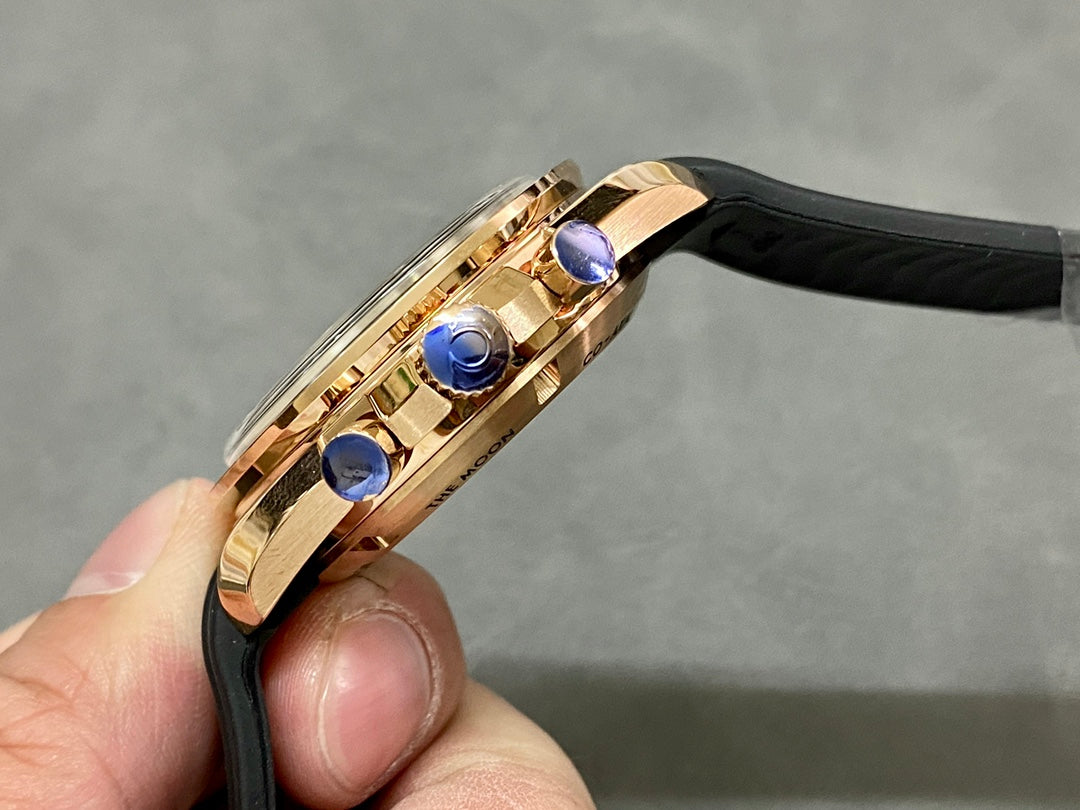 SPEEDMASTER MOONPHASE ROSE GOLD CASE AND BLACK LEATHER STRAP