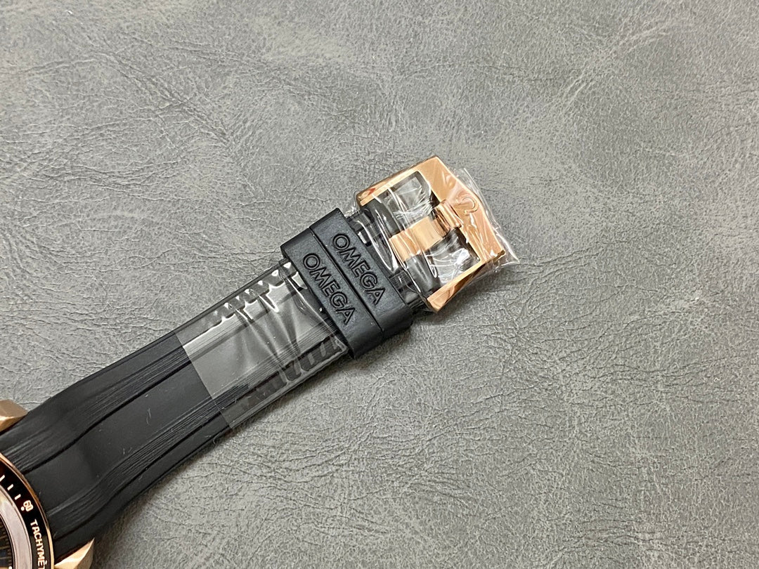 SPEEDMASTER MOONPHASE ROSE GOLD CASE AND BLACK LEATHER STRAP