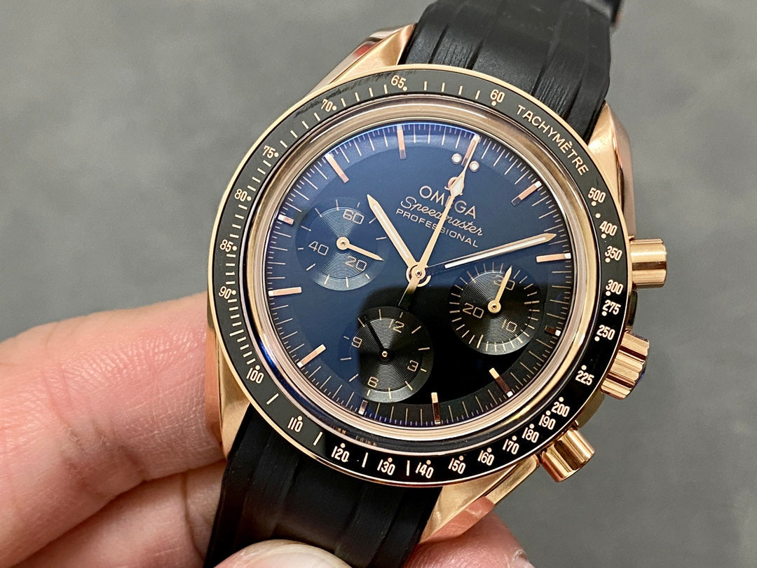 SPEEDMASTER MOONPHASE ROSE GOLD CASE AND BLACK LEATHER STRAP