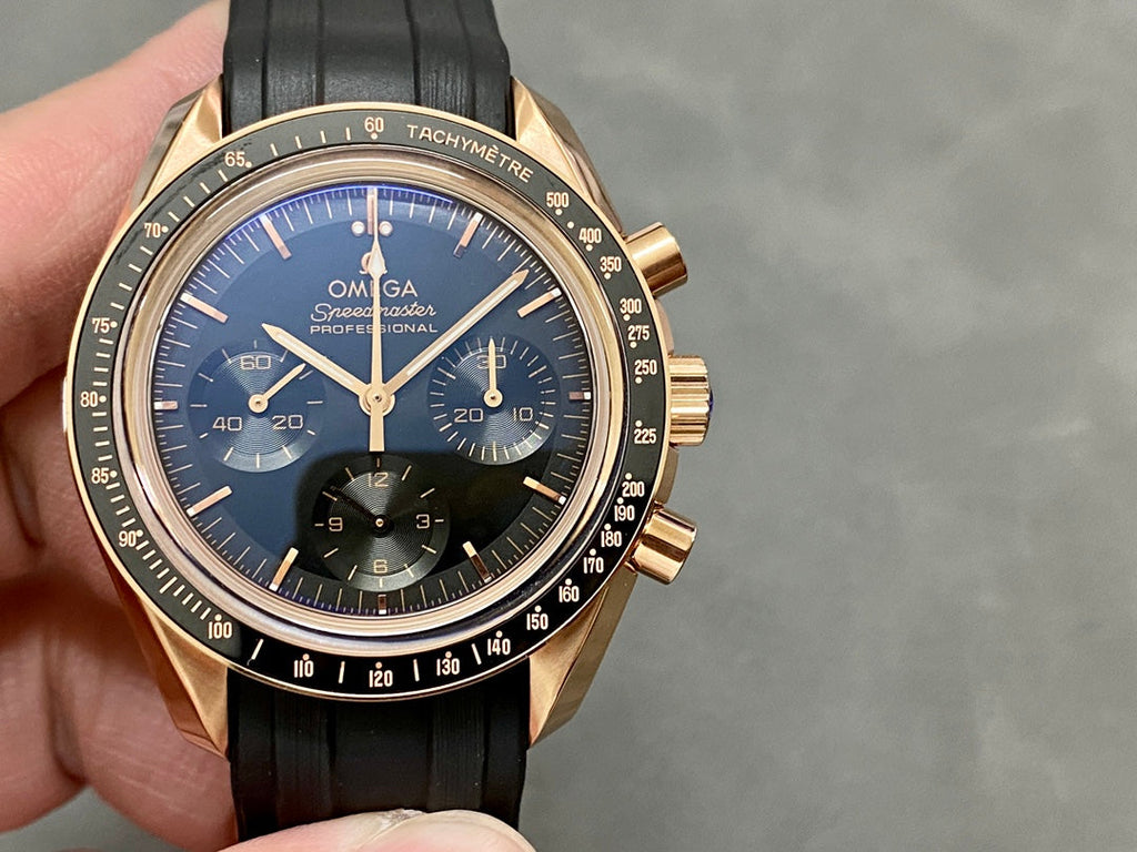 SPEEDMASTER MOONPHASE ROSE GOLD CASE AND BLACK LEATHER STRAP