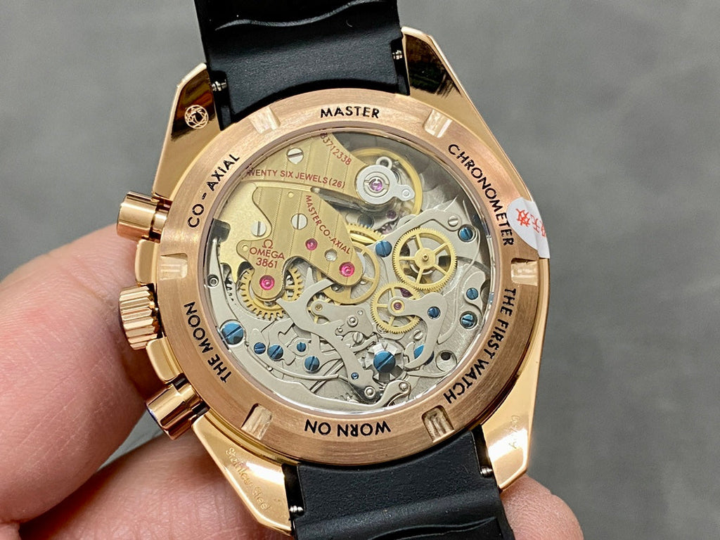 SPEEDMASTER MOONPHASE ROSE GOLD CASE AND BLACK LEATHER STRAP