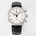 PORTUGIESER CHRONOGRAPH CLASSIC 42 MM SILVER CASE WITH BLACK LEATHER STRAP AND WHITE DIAL