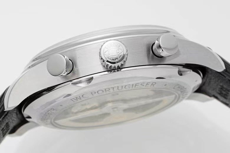 PORTUGIESER CHRONOGRAPH CLASSIC 42 MM SILVER CASE WITH BLACK LEATHER STRAP AND WHITE DIAL