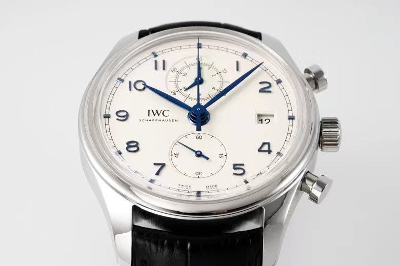 PORTUGIESER CHRONOGRAPH CLASSIC 42 MM SILVER CASE WITH BLACK LEATHER STRAP AND WHITE DIAL