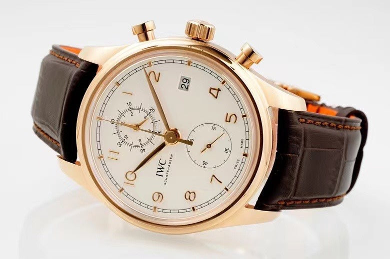 PORTUGIESER CHRONOGRAPH CLASSIC 42 MM GOLD CASE WITH BROWN LEATHER STRAP