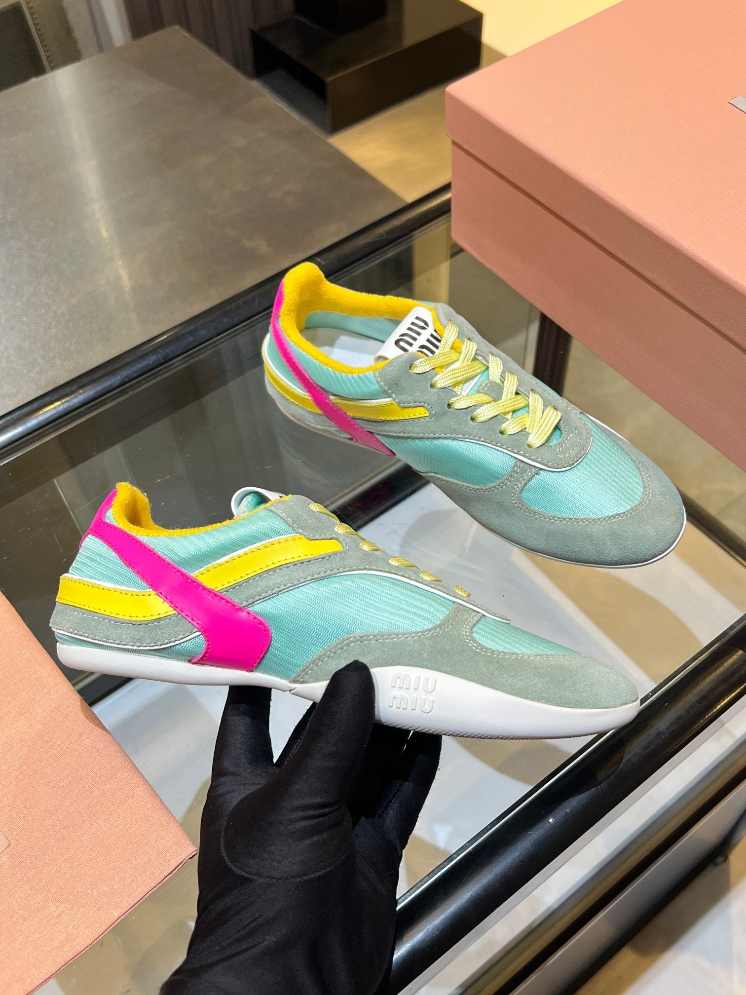 MIUMIU 26S SNEAKERS IN MULTICOLOR FABRIC AND SUEDE