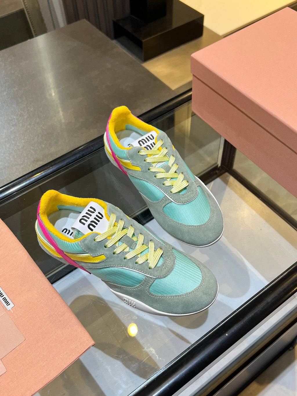 MIUMIU 26S SNEAKERS IN MULTICOLOR FABRIC AND SUEDE