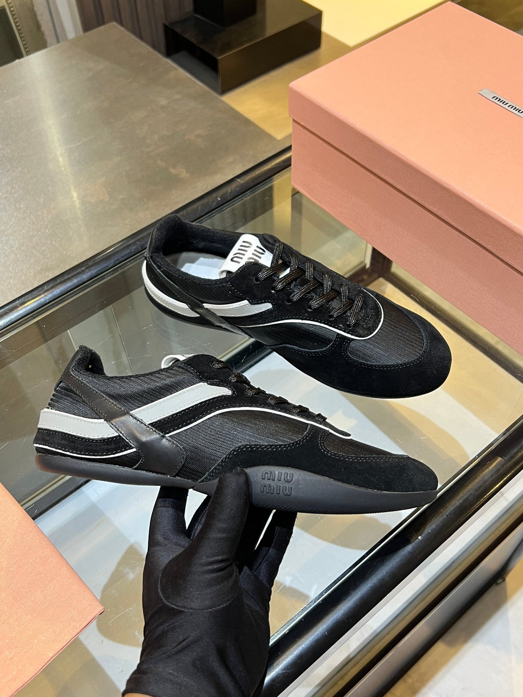 MIUMIU 26S SNEAKERS IN BLACK FABRIC AND SUEDE