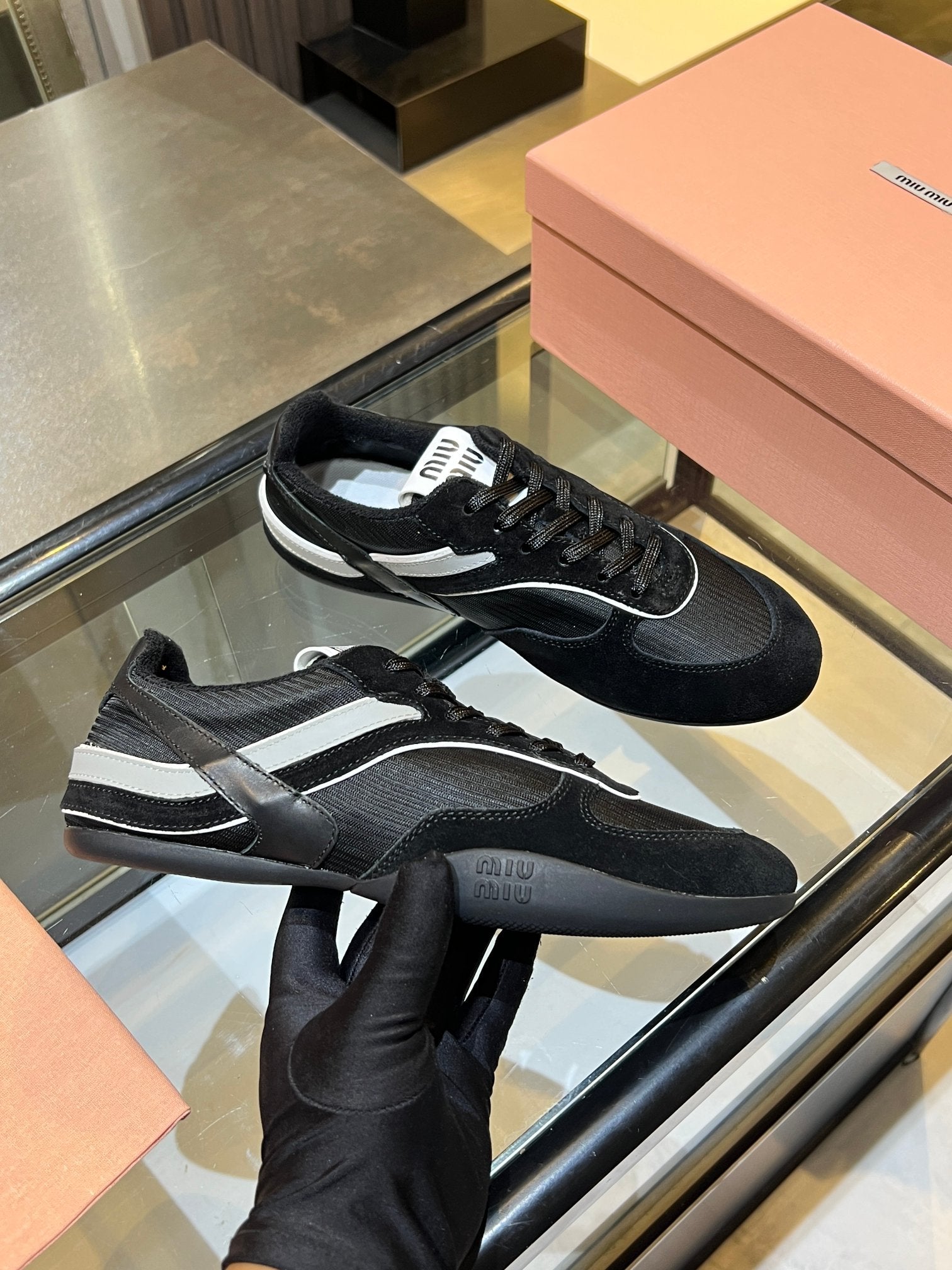 MIUMIU 26S SNEAKERS IN BLACK FABRIC AND SUEDE