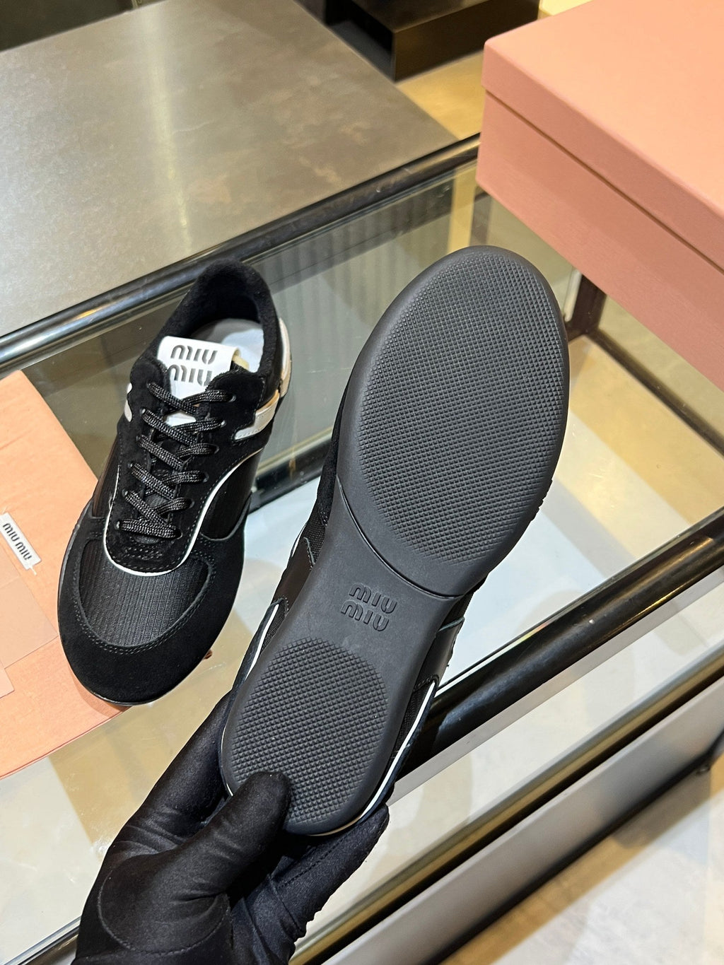 MIUMIU 26S SNEAKERS IN BLACK FABRIC AND SUEDE
