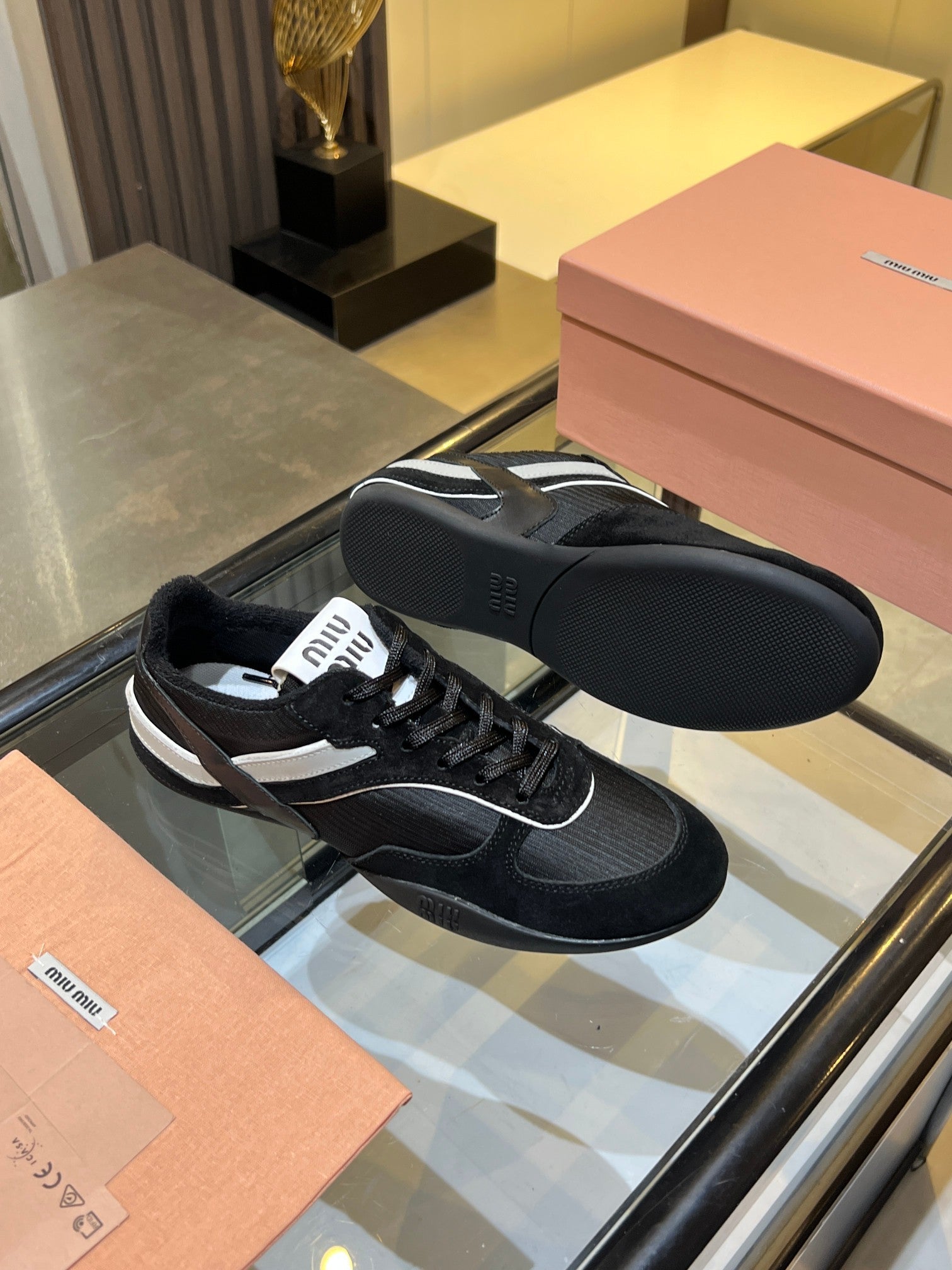 MIUMIU 26S SNEAKERS IN BLACK FABRIC AND SUEDE