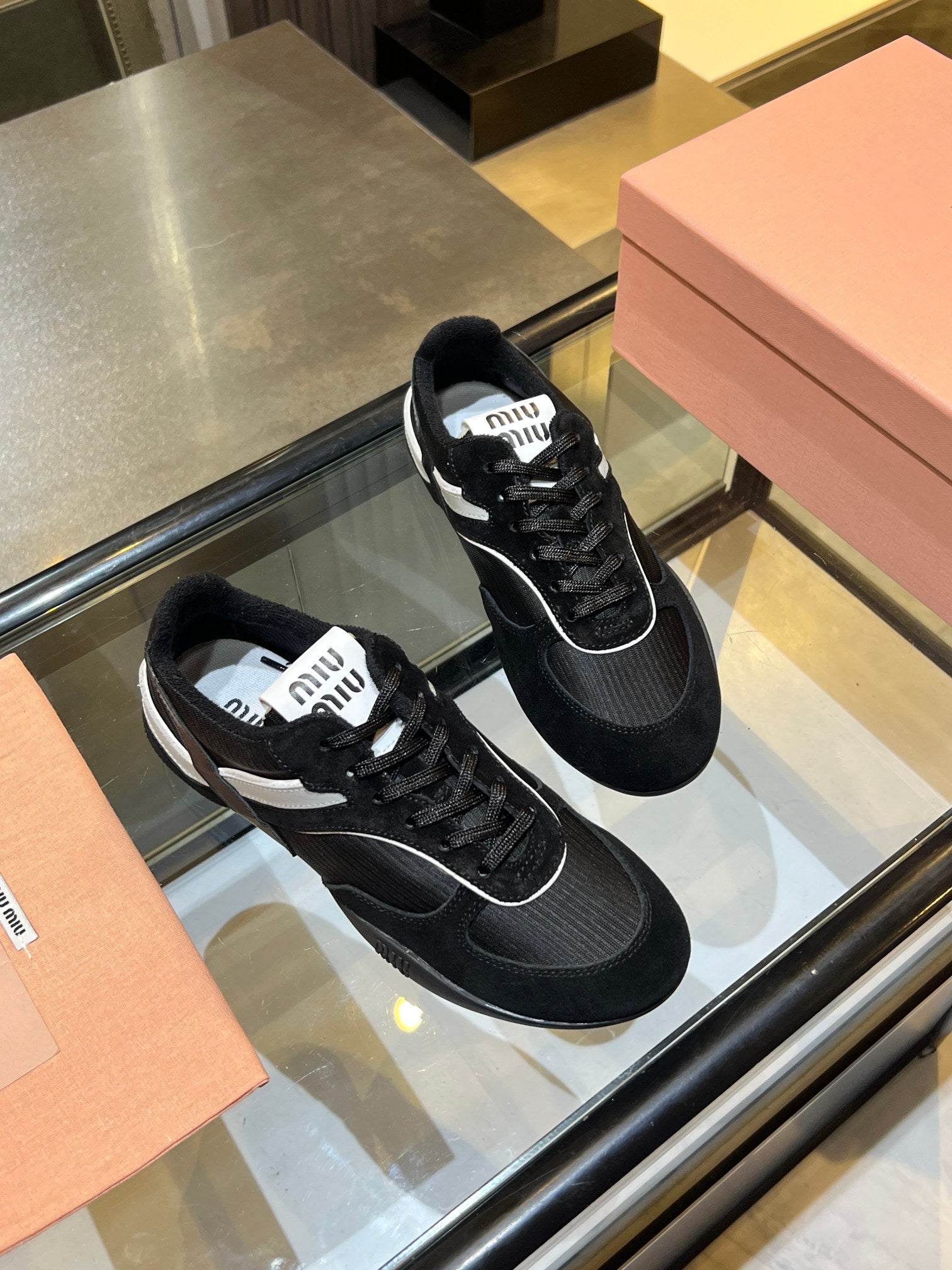 MIUMIU 26S SNEAKERS IN BLACK FABRIC AND SUEDE