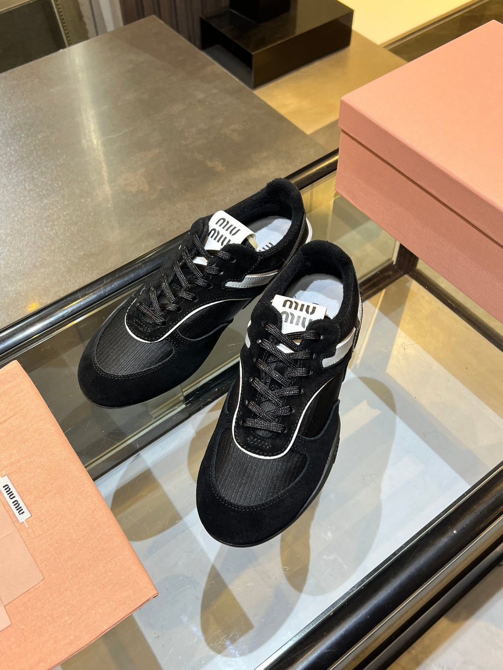 MIUMIU 26S SNEAKERS IN BLACK FABRIC AND SUEDE