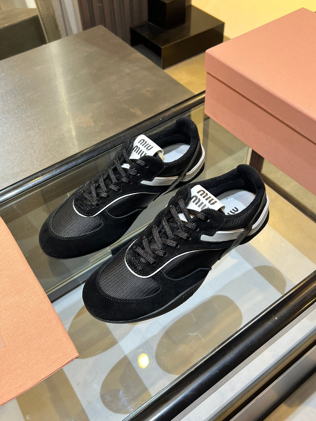 MIUMIU 26S SNEAKERS IN BLACK FABRIC AND SUEDE