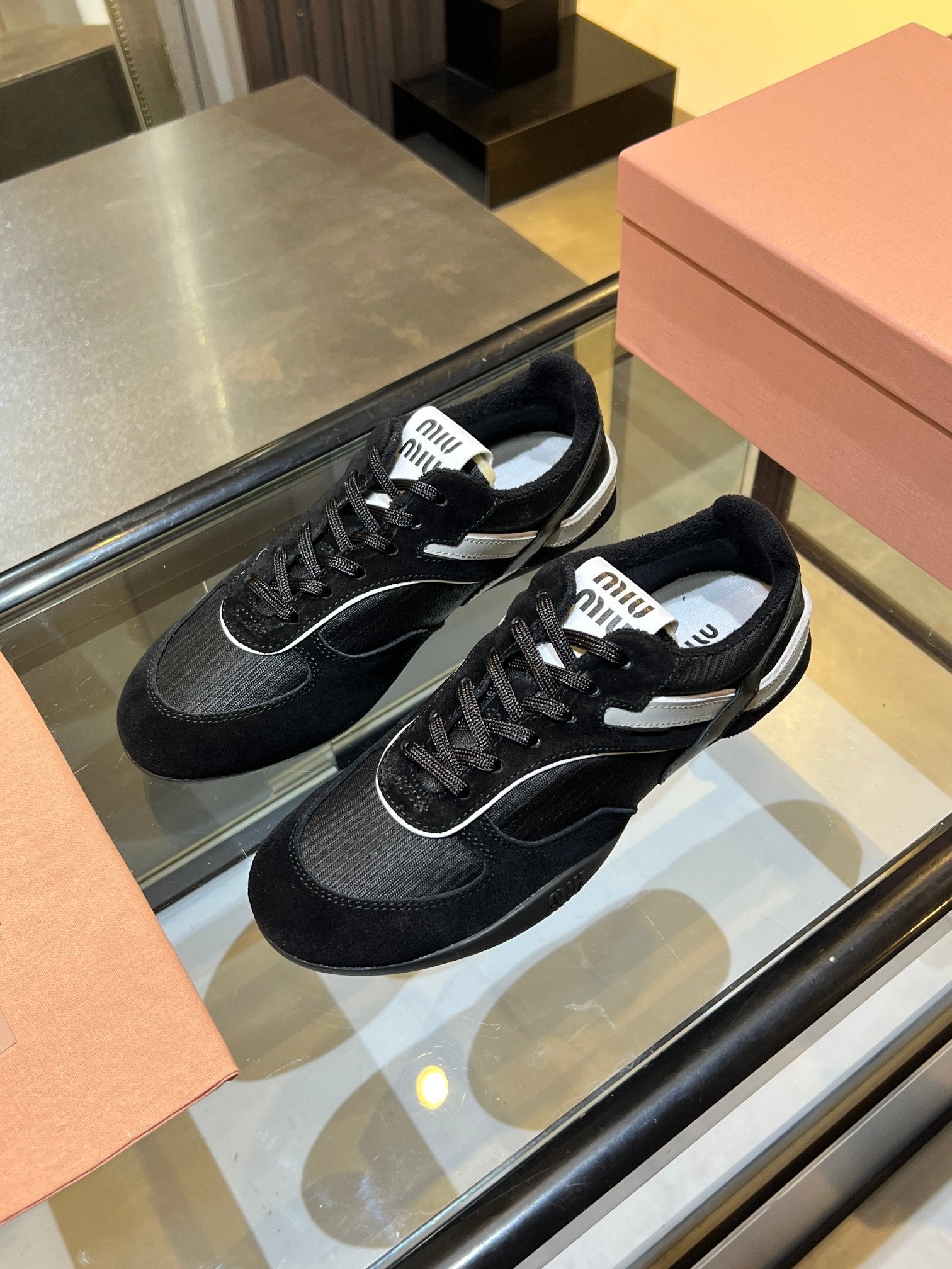 MIUMIU 26S SNEAKERS IN BLACK FABRIC AND SUEDE