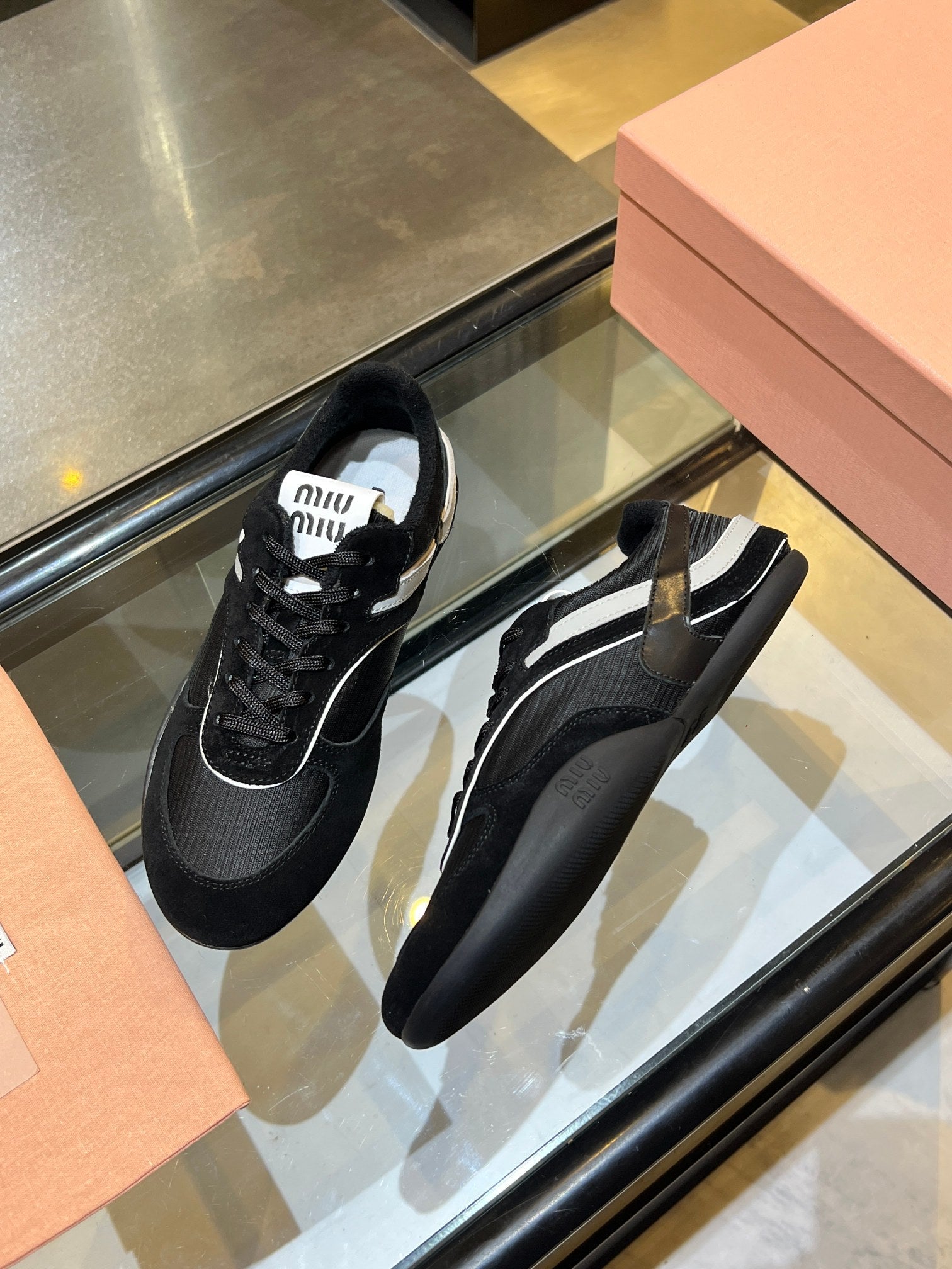 MIUMIU 26S SNEAKERS IN BLACK FABRIC AND SUEDE