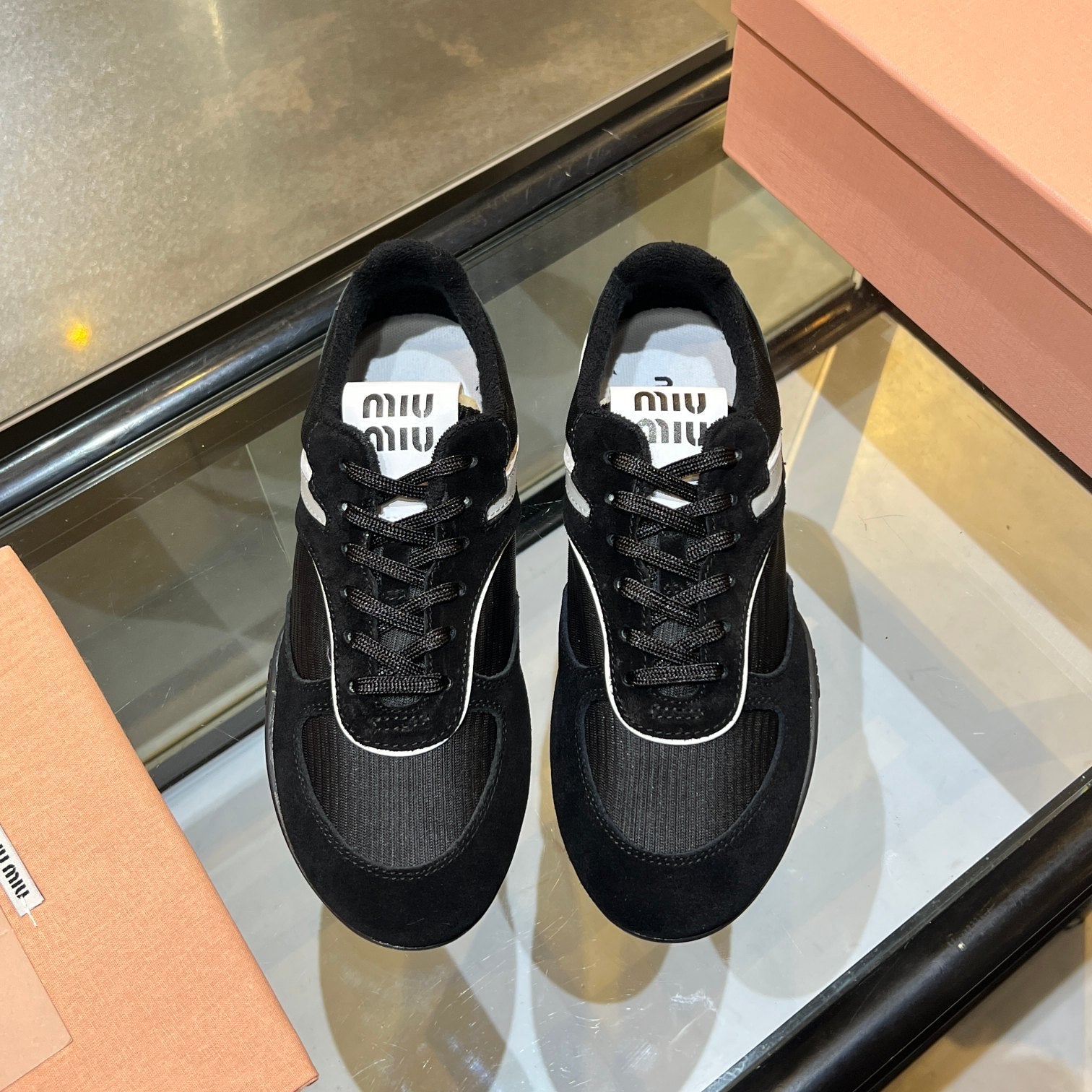 MIUMIU 26S SNEAKERS IN BLACK FABRIC AND SUEDE