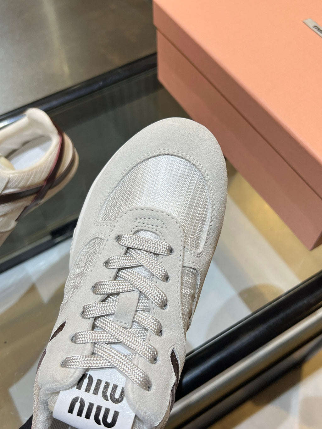 MIUMIU 26S SNEAKERS IN LIGHT BEIGE FABRIC AND SUEDE