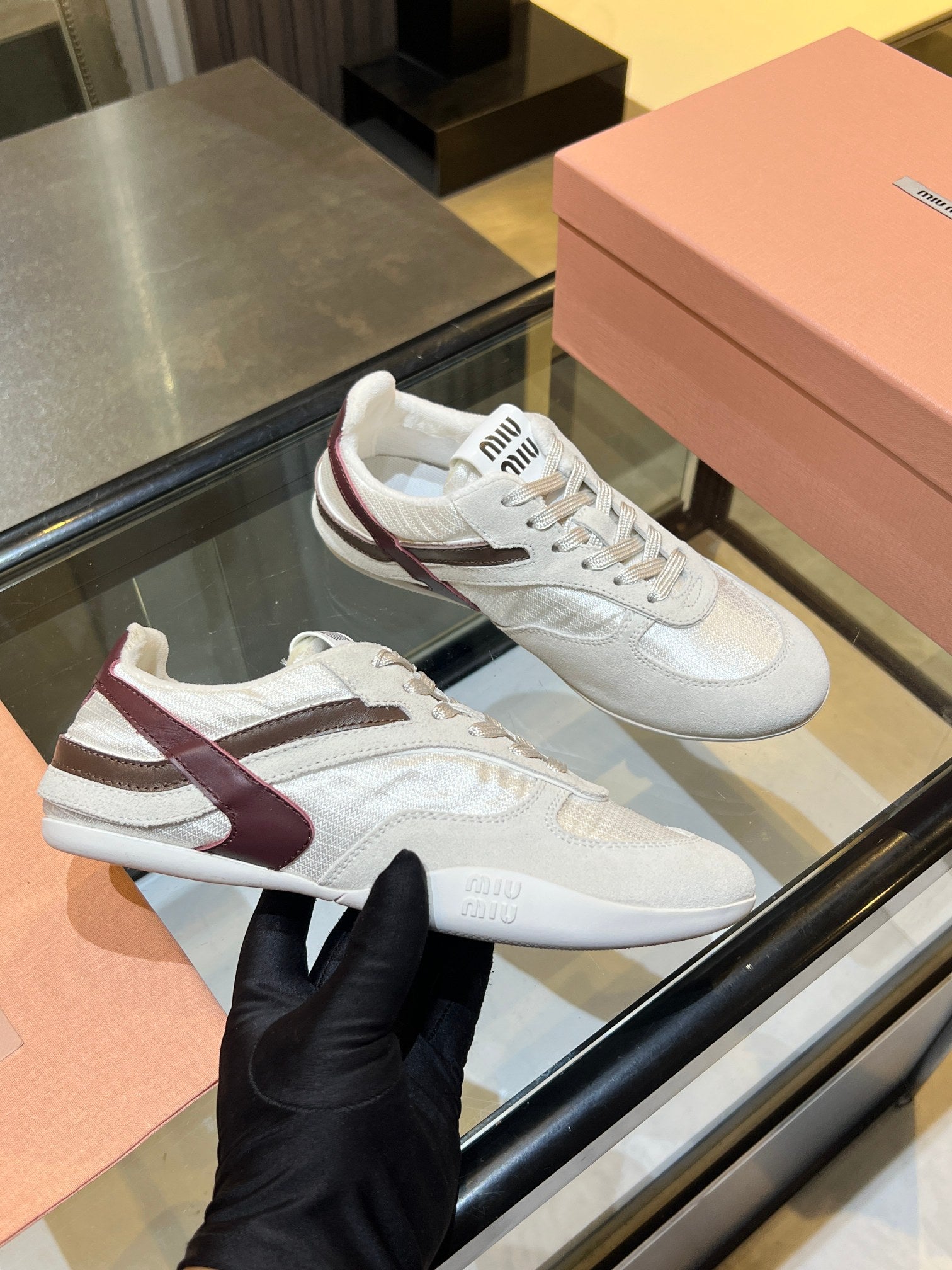 MIUMIU 26S SNEAKERS IN LIGHT BEIGE FABRIC AND SUEDE