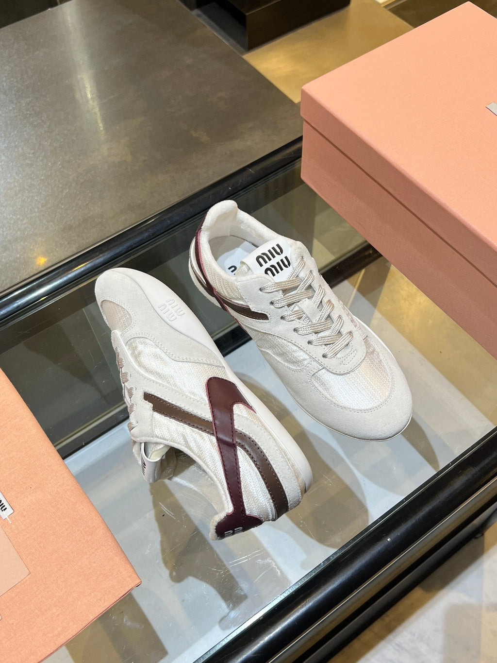 MIUMIU 26S SNEAKERS IN LIGHT BEIGE FABRIC AND SUEDE