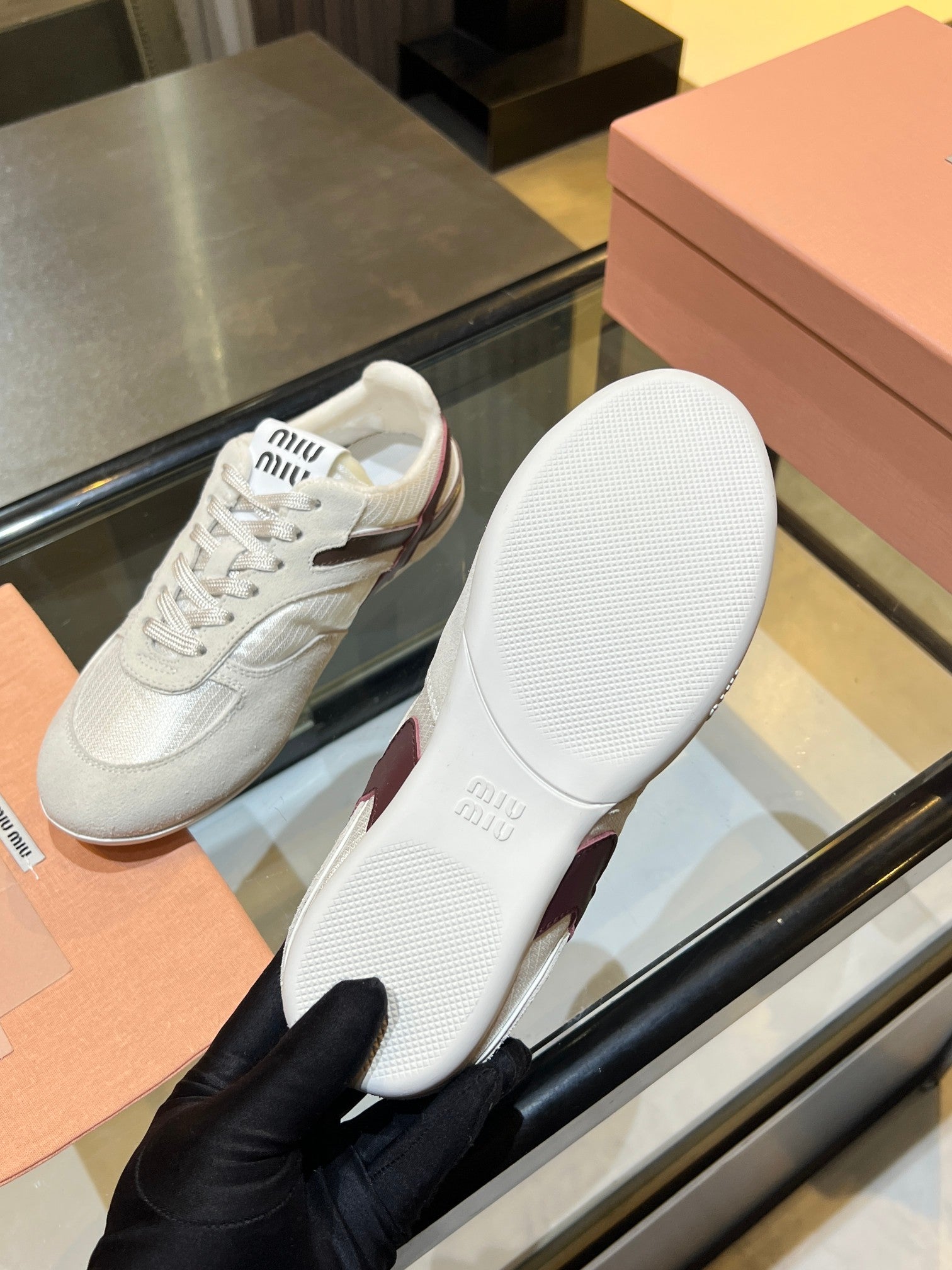 MIUMIU 26S SNEAKERS IN LIGHT BEIGE FABRIC AND SUEDE