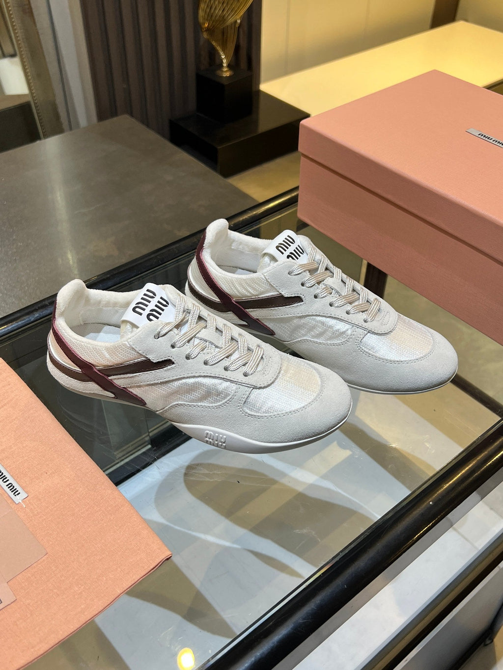 MIUMIU 26S SNEAKERS IN LIGHT BEIGE FABRIC AND SUEDE
