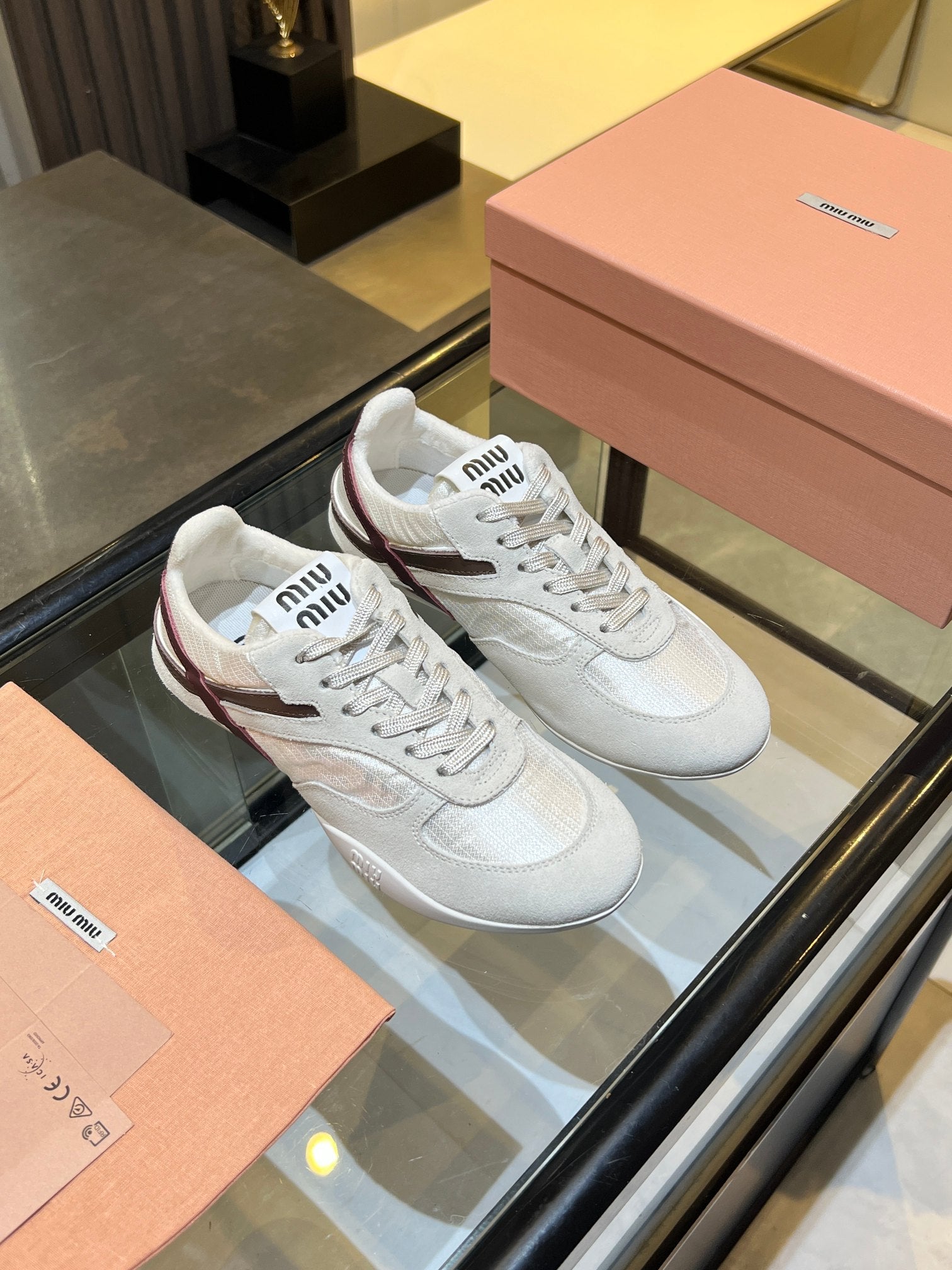 MIUMIU 26S SNEAKERS IN LIGHT BEIGE FABRIC AND SUEDE