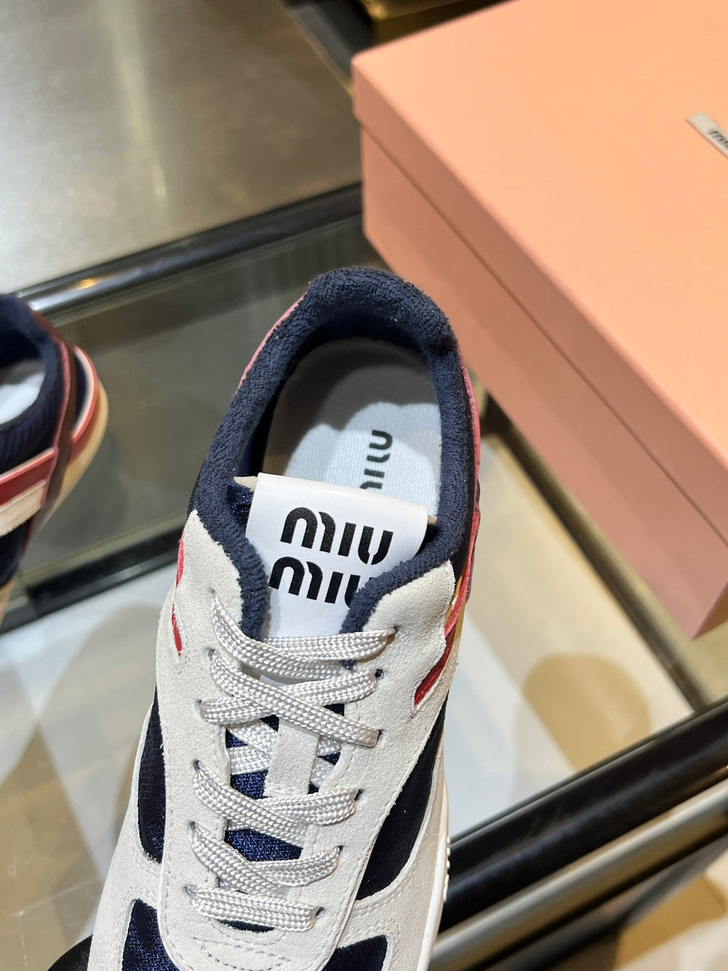 MIUMIU 26S SNEAKERS IN NAVY BLUE AND WHITE FABRIC AND SUEDE