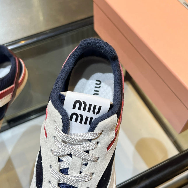 MIUMIU 26S SNEAKERS IN NAVY BLUE AND WHITE FABRIC AND SUEDE