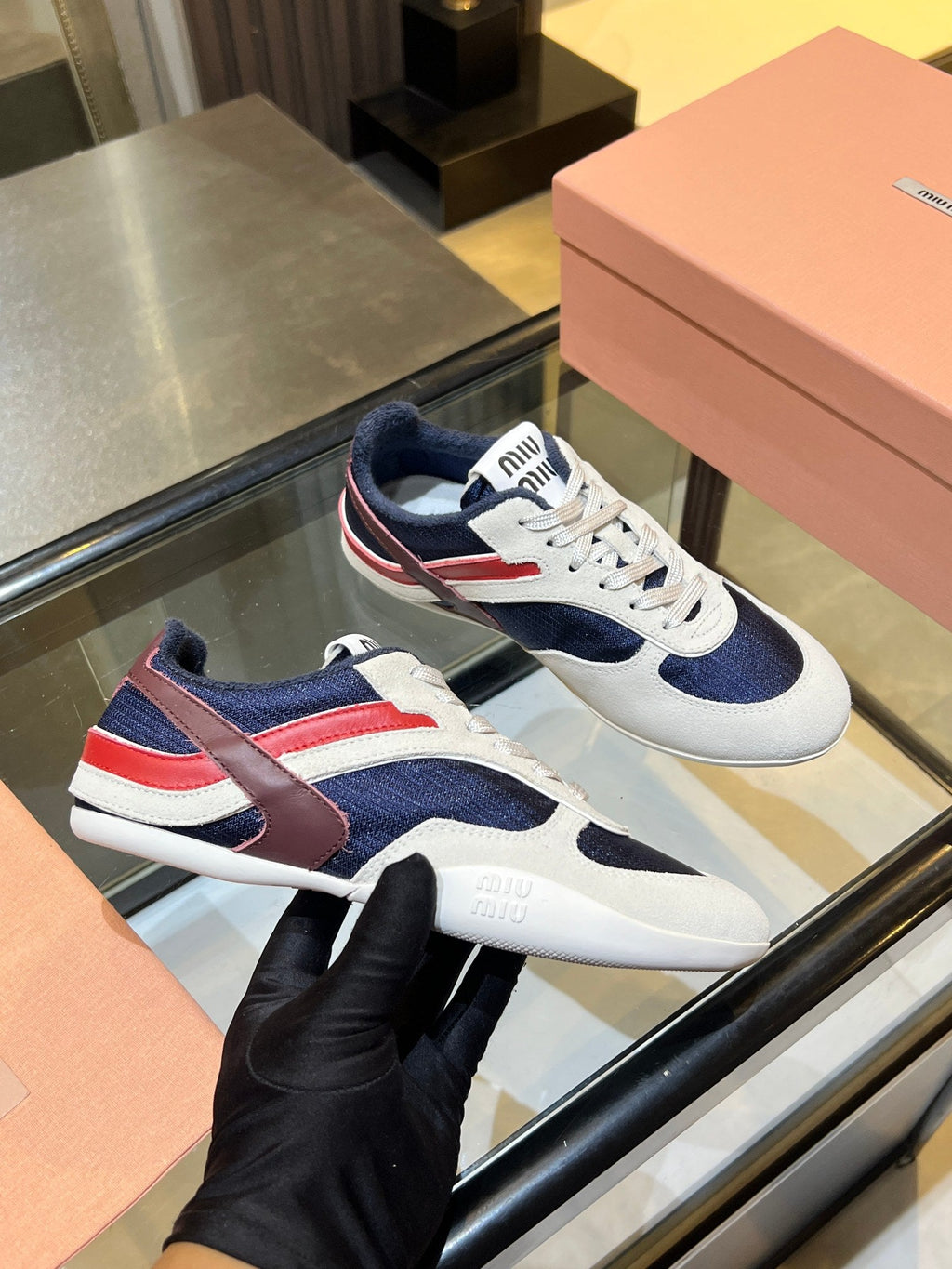 MIUMIU 26S SNEAKERS IN NAVY BLUE AND WHITE FABRIC AND SUEDE
