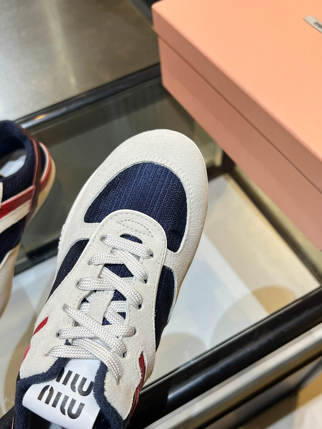 MIUMIU 26S SNEAKERS IN NAVY BLUE AND WHITE FABRIC AND SUEDE