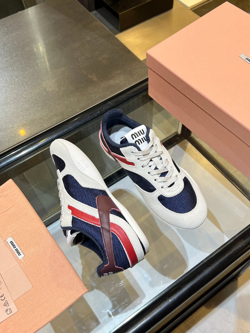 MIUMIU 26S SNEAKERS IN NAVY BLUE AND WHITE FABRIC AND SUEDE