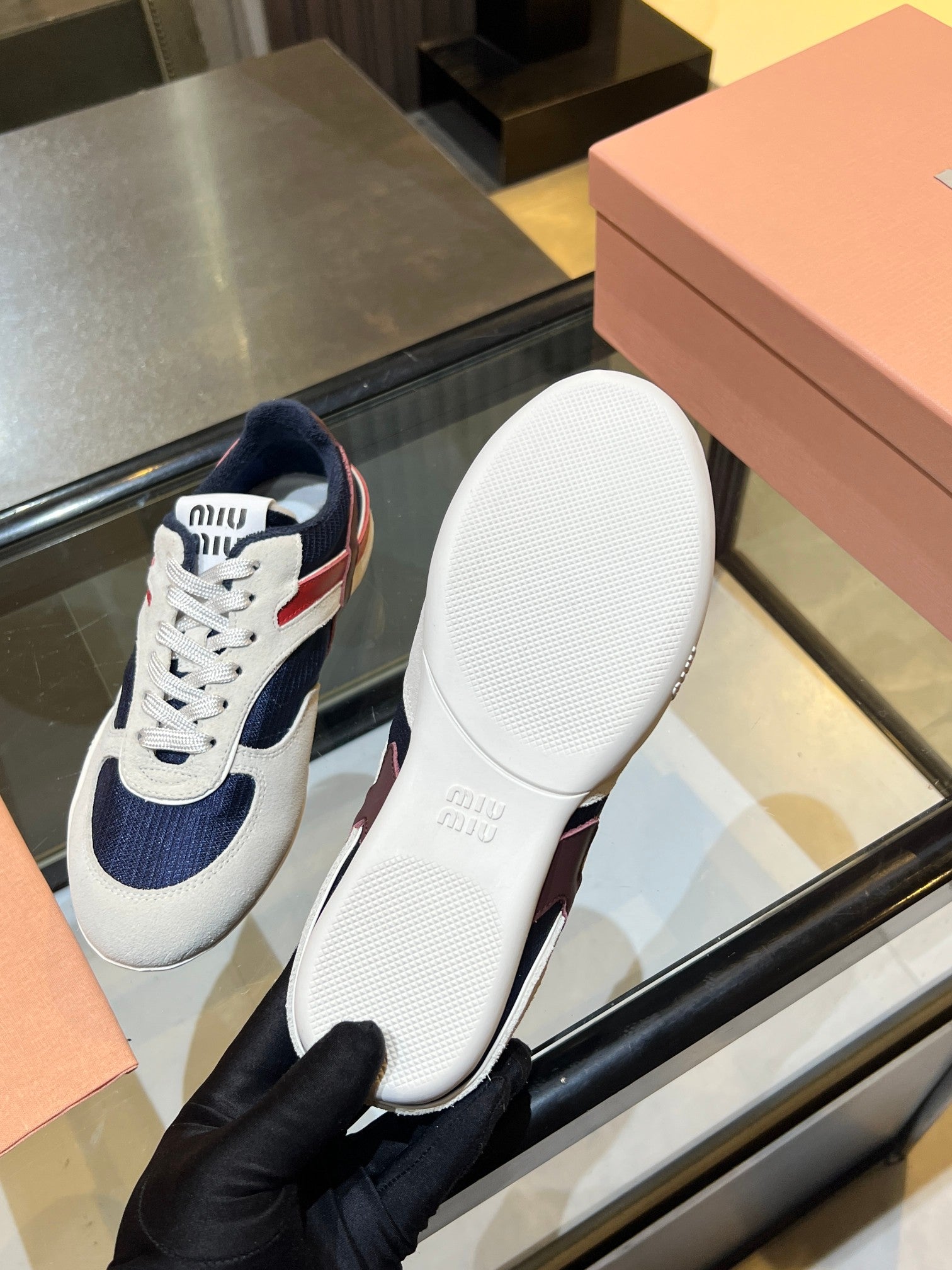 MIUMIU 26S SNEAKERS IN NAVY BLUE AND WHITE FABRIC AND SUEDE