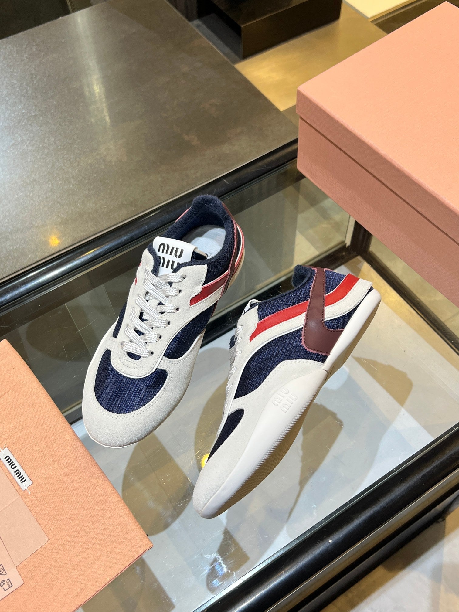 MIUMIU 26S SNEAKERS IN NAVY BLUE AND WHITE FABRIC AND SUEDE