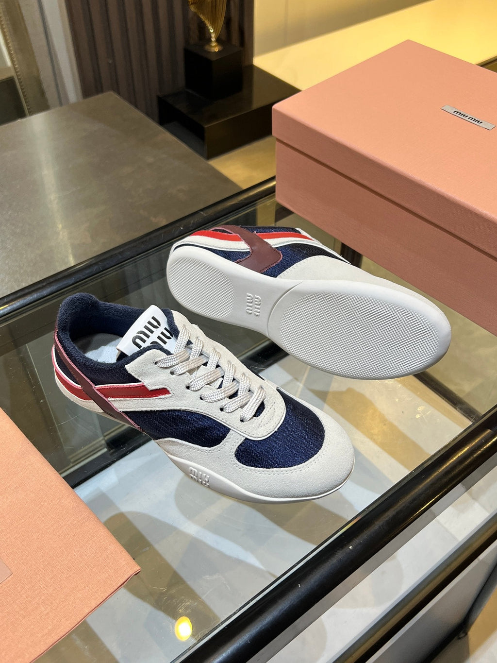 MIUMIU 26S SNEAKERS IN NAVY BLUE AND WHITE FABRIC AND SUEDE