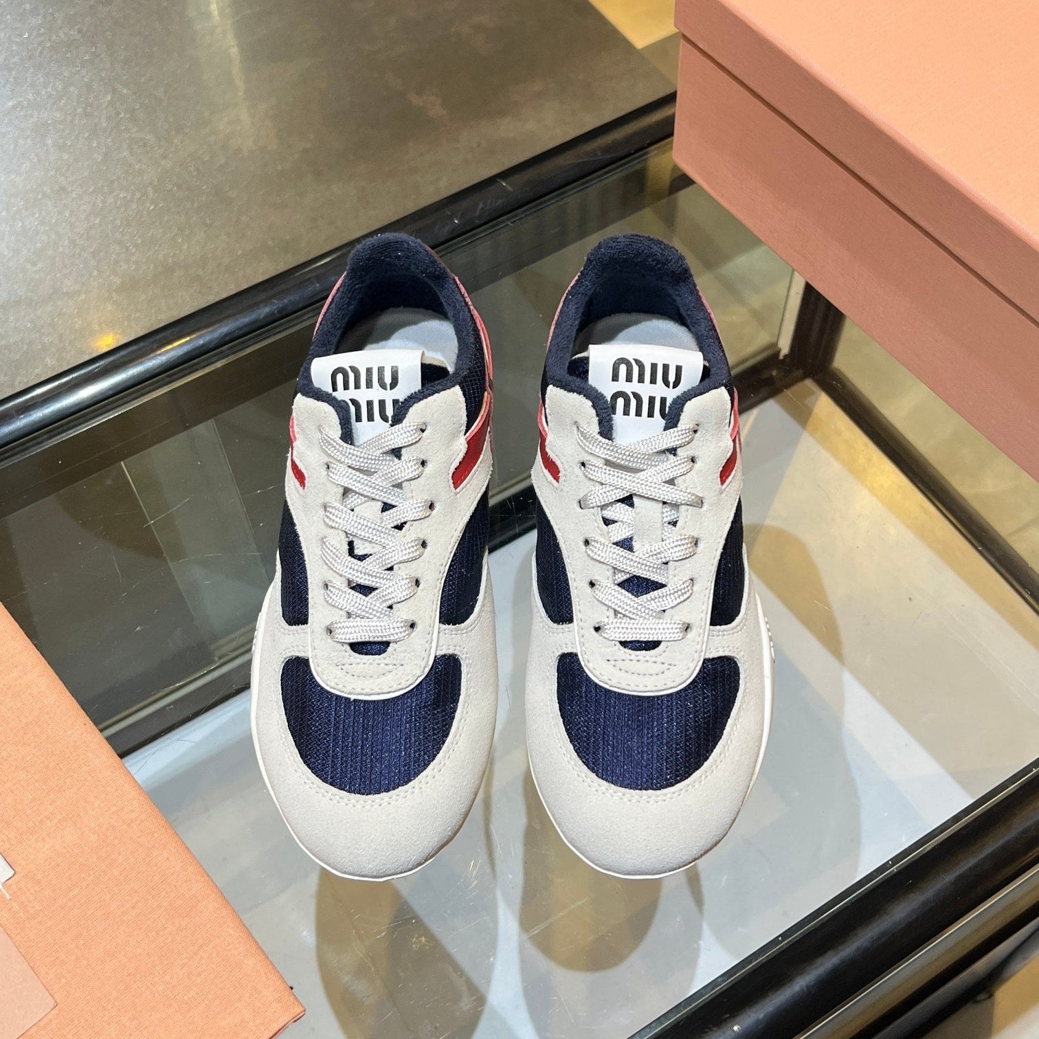 MIUMIU 26S SNEAKERS IN NAVY BLUE AND WHITE FABRIC AND SUEDE