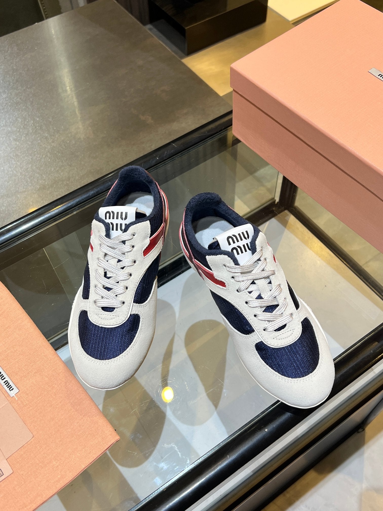 MIUMIU 26S SNEAKERS IN NAVY BLUE AND WHITE FABRIC AND SUEDE