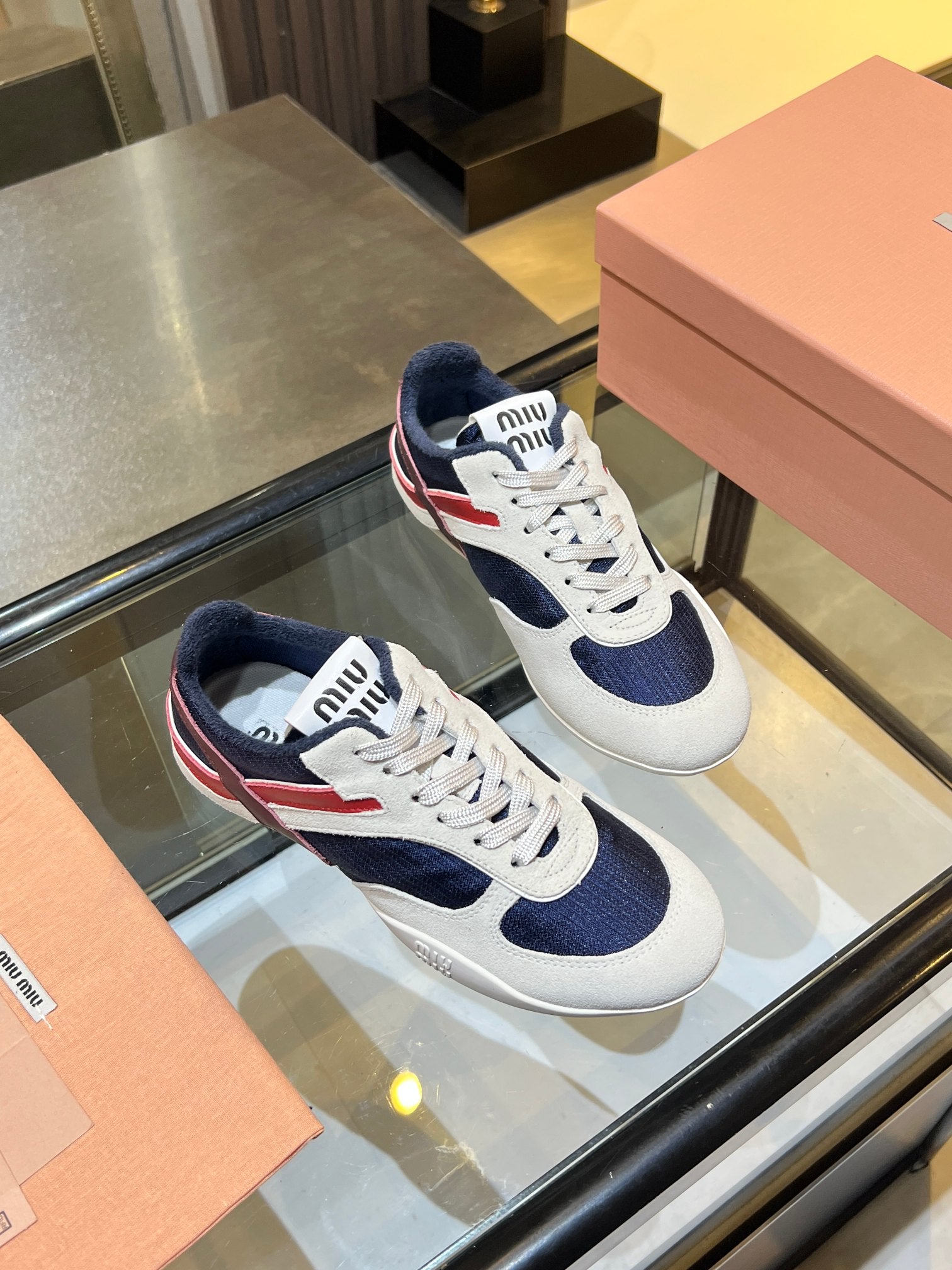 MIUMIU 26S SNEAKERS IN NAVY BLUE AND WHITE FABRIC AND SUEDE