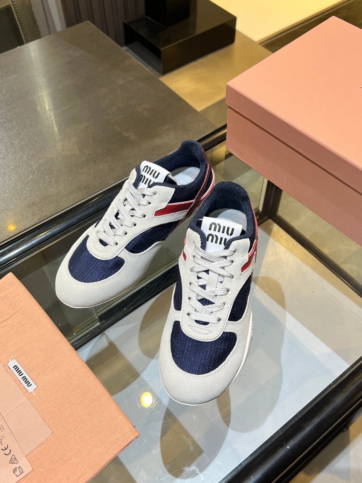 MIUMIU 26S SNEAKERS IN NAVY BLUE AND WHITE FABRIC AND SUEDE